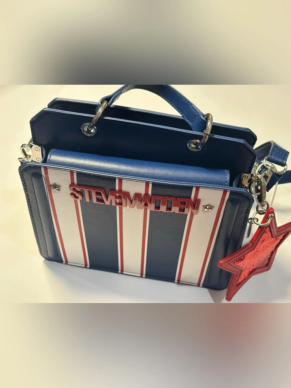 Steve Madden Bevlynn Red/White/Blue Striped Satchel Handbag Purse (Minor Flaw)